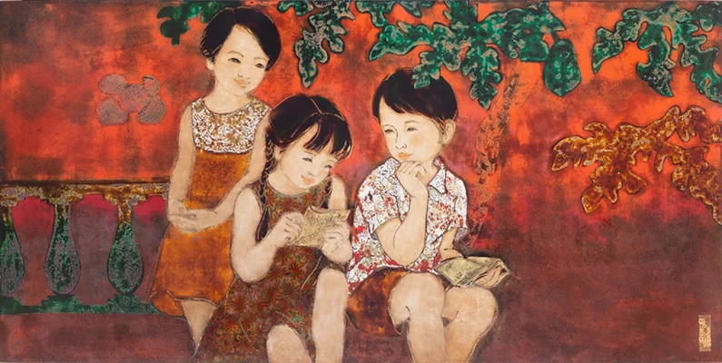 Khoảnh khắc trẻ em chơi đùa bình yên qua bức "Trong khu vườn tuổi thơ"